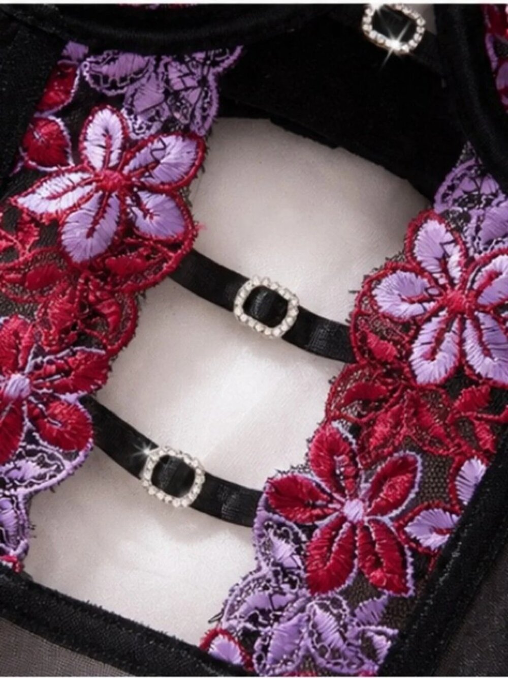 Floral Embroidered Mesh Teddy Bodysuit Lingerie โ Black with Burgundy & Lavender - Picture 4 of 5